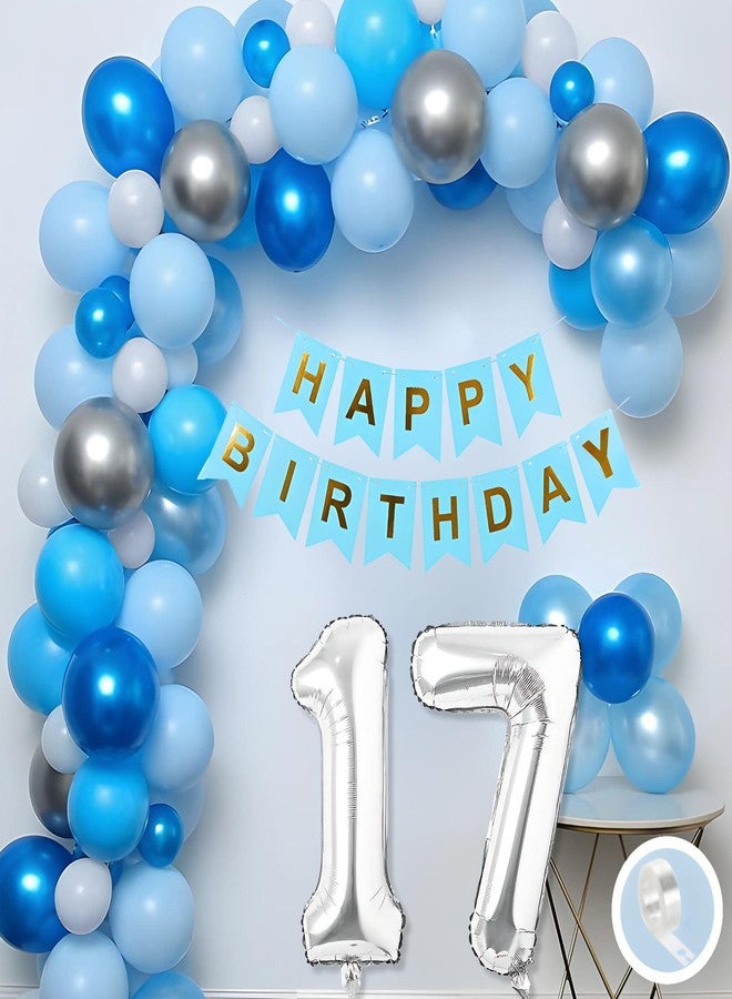 Flyloons 17th Birthday Decoration Items Blue and White Theme Combination for Boys Girls | 30 Pcs Blue White Silver Color Balloons | Blue Happy Birthday Paper Banner | Arch Tape - Image 1